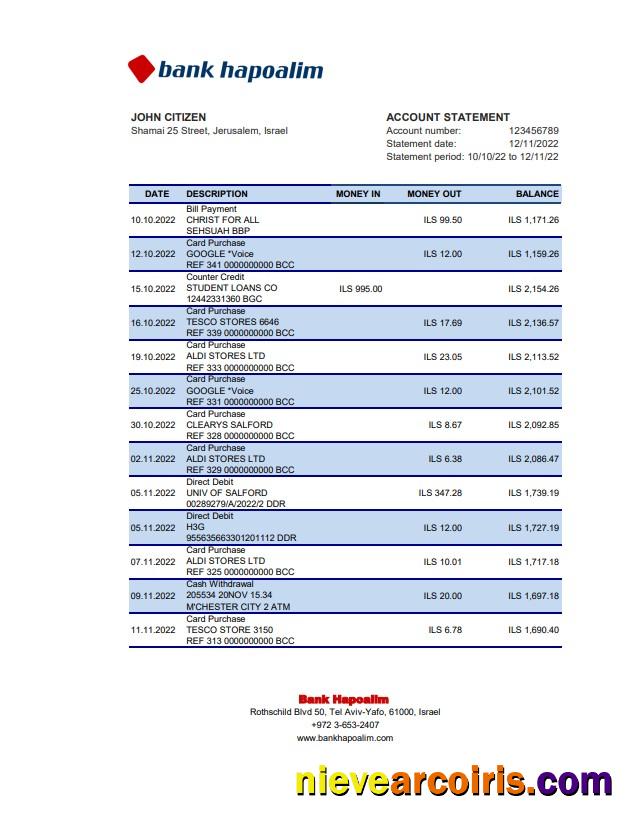 Israel Hapoalim bank statement Excel and PDF